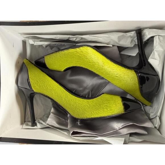 Giuseppe Zanotti Lime Green NWB Suede Black Patent Cap Toe Pointed Pumps Size 5 - Picture 5 of 14